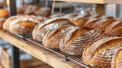 Fresh bread in the bakery. Loafs of bread on the shelf.