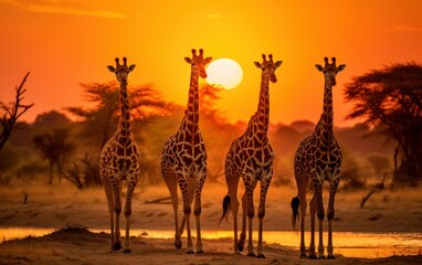 Herd of giraffes in the setting sun - obrazy, fototapety, plakaty