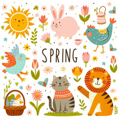 Colorful poster with animals and lettering Spring. Greeting card.