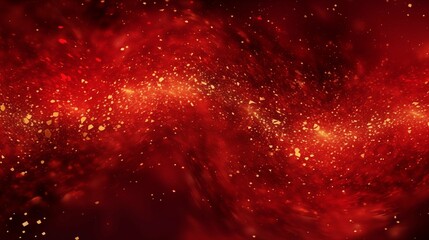 Red liquid with hints of golden glitter against a red background scattered with gold sparkles. A magical galaxy of golden dust particles suspended in red fluid with burgundy tones.