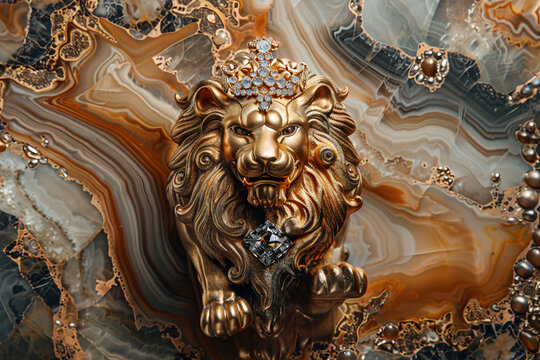 Create an image of an opulent perfume bottle shaped like a regal lion, sculpted from lustrous gold and encrusted with glittering diamonds, set amidst a backdrop of exotic marble in tones of onyx