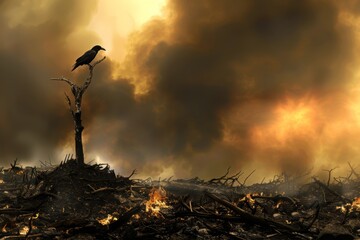 Lone Raven Overlooking Fire-Ravaged Wasteland, Smoke Billowing Against Fiery Sky, Concept of Destruction and Renewal - obrazy, fototapety, plakaty