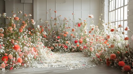 Picture a studio adorned with an opulent array of meticulously arranged blooms, each petal reflecting the promise of forever against a backdrop of serene white simplicity - obrazy, fototapety, plakaty