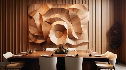 a modern culinary haven where wooden art pieces contribute to the overall opulence