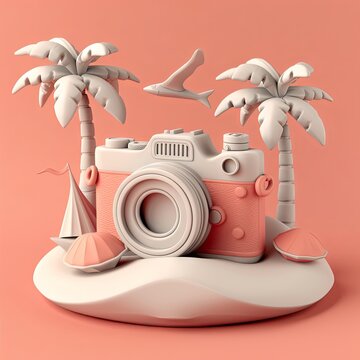A vintage camera stands amidst a whimsical 3D landscape with stylized mountains, trees, and lakes on a soft pastel background.