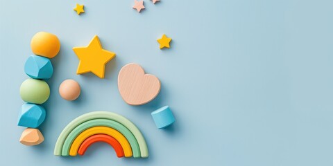 Baby kids toys on light blue background. Colorful educational wooden, plastic, fluffy and musical toys. Top view, flat lay