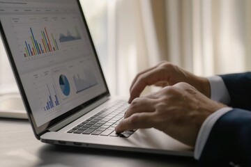 Close Up On Hands of Caucasian Male Professional Working in a Business Research and Development Company. Manager Analyzing Financial Reports, Looking at a Laptop Computer Screen with Graphs and Charts