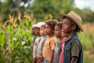 A group of African American children learn about the importance of farming on a farm. Planting the trees, protect nature concept. 