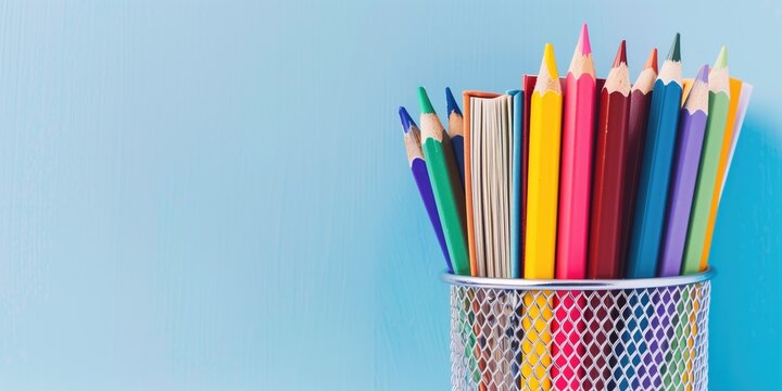 colored pencils in wire mesh cup on light blue background. Top view, space for text. Education, language learning, back to school concept
