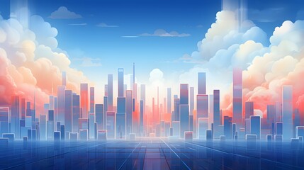 A blue colored abstract background with high buildings, in the style of cloudpunk, concise background, light red and orange. For Design, Background, Cover, Poster, Banner, PPT, KV design, Wallpaper - obrazy, fototapety, plakaty