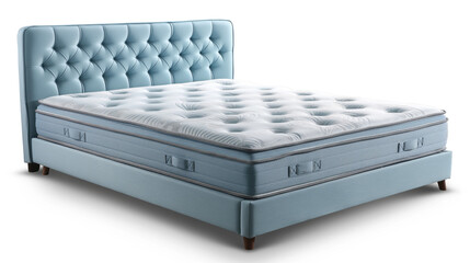 A high-quality blue bed with a comfortable mattress.
