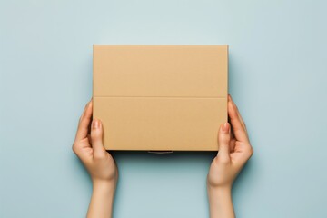 Female hands holding brown ecological package box made of natural corrugated cardboard. Mockup parcel box on light blue background. Top view. Packaging, shopping, delivery concept