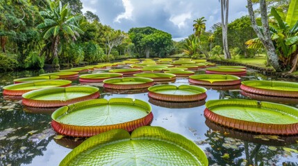 Huge Victoria Amazonica water lily leaves which can reach two meters in diameter floating on the pond in Sir Seewoosagur Ramgoolam Botanical Garden Pamplemousses Park Port Louis, Mauritius Island. - obrazy, fototapety, plakaty