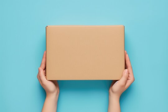 Female hands holding brown ecological package box made of natural corrugated cardboard. Mockup parcel box on light blue background. Top view. Packaging, shopping, delivery concept