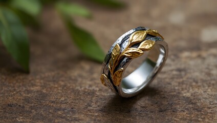 An artisan-crafted ring made of intertwined silver and gold leaves, embodying the harmony of nature Generative AI
