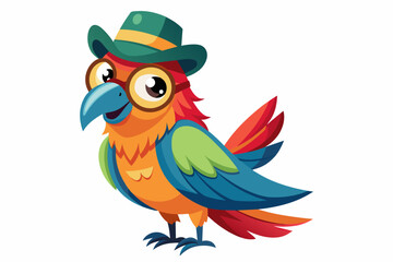 cute parrots, full body, Vibrant brush color, wear glasses and hat, smiling, vintage, grainy textures, color overlay, white background