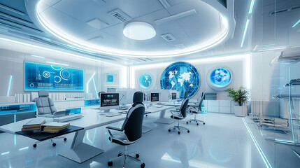 A futuristic office with a large globe in the center