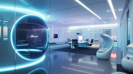 A futuristic office with a large glass sphere in the middle