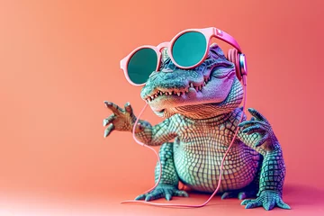 Muurstickers cheerful crocodile listens to music with trendy sunglasses on a colorful background © 23_stockphotography