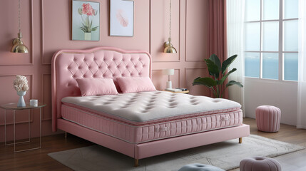 A high-quality pink bed with a comfortable mattress.