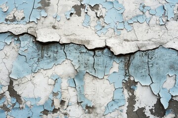 White blue gray black peeling painted wall. Old building wall with cracked flaking paint. Weathered rough painted surface cracks and peeling