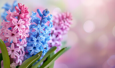 Obraz premium Beautiful spring background with hyacinths in pastel colors, copy space , Generative AI 