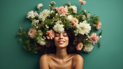 Woman Wearing Bunch of Flowers on Head