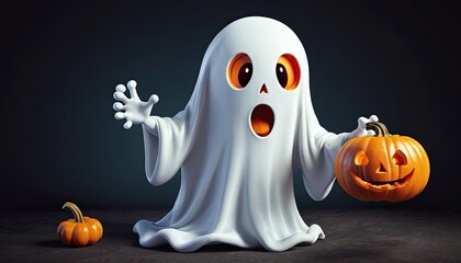 A cartoon ghost with a pumpkin in his hands