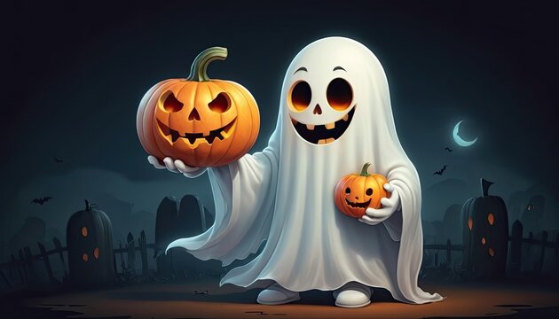 A cartoon ghost with a pumpkin in his hands