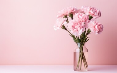 Tender carnation flowers in a glass vase on pastel pink background