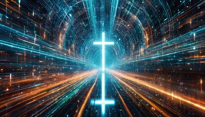 Visualize a glowing neon cross suspended in the center of a data stream tunnel, where streams of digital code flow seamlessly around it, creating a dynamic and futuristic atmosphere. - obrazy, fototapety, plakaty