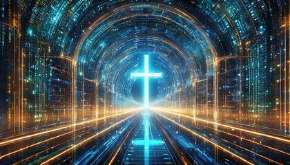 Visualize a glowing neon cross suspended in the center of a data stream tunnel, where streams of digital code flow seamlessly around it, creating a dynamic and futuristic atmosphere.