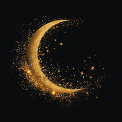 Gold glittery shiny 3d crescent and stars. luxury surface golden half moon with gold glitters. Beautiful decorative surface glowing moon pattern on black background. Grunge texture. Ornate design