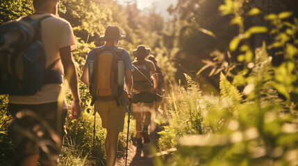 A group of people are walking through a forest