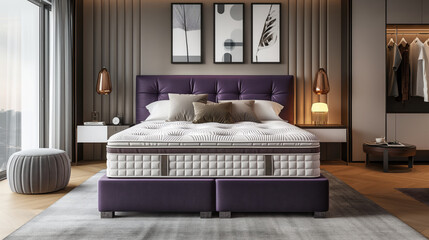 A high-quality purple bed with a comfortable mattress.