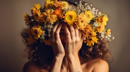 Obraz na płótnie Canvas Woman Covering Face With Flowers