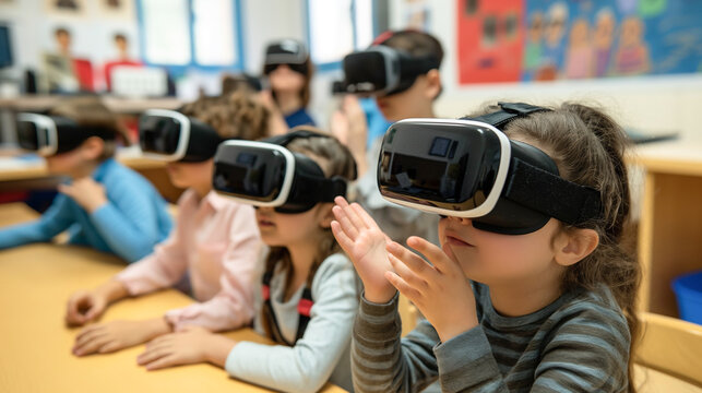 A group of children are wearing virtual reality goggles and sitting at a table