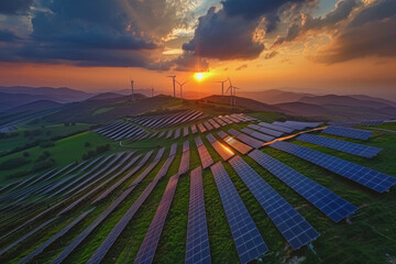 Solar farm at sunset with Windchargers in the background. Lush green grass.