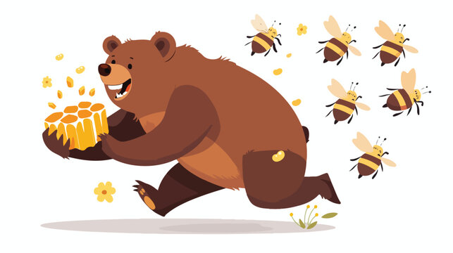 Cartoon Cute bear running with a honeycomb from angry