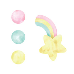 Star, rainbow, balls, watercolor. Hand drawn vector illustration in pastel colors for cards, invitations, websites, album covers. Set of elements for fantasy unicorns.
