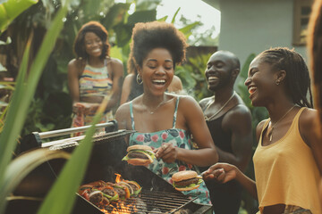 A group of people are gathered around a grill, cooking hamburgers and hot dogs