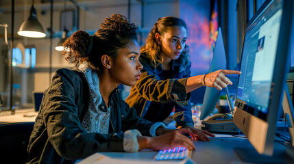 une jeune femme montre quelque chose du doigt  à une autre femme sur un écran d'ordinateur