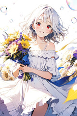 Girl smiling brightly holding a bouquet of flowers
