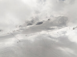  Kudebi, Bidara, Sadzele, Kobi aerial panorama in caucasus winter mountains. Aerial drone view of...