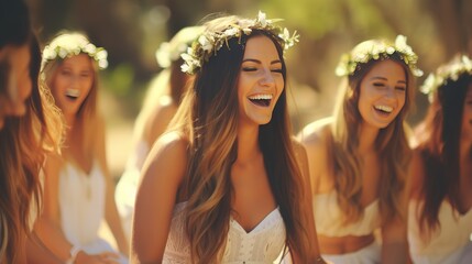 Fototapeta premium Group of happy bridesmaids laughing and having a great time at joyful wedding celebration event