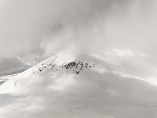  Kudebi, Bidara, Sadzele, Kobi aerial panorama in caucasus winter mountains. Aerial drone view of...