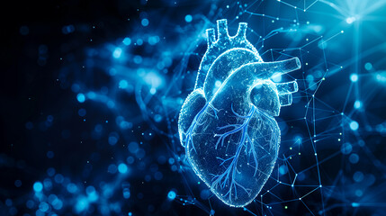 Digital illustration of a human heart with glowing blue connections, representing medical technology