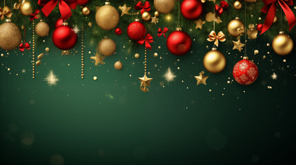 A square banner featuring gold and red Christmas symbols and text, including a Christmas tree, ornaments, golden tinsel confetti, and snowflakes, set against a green background.