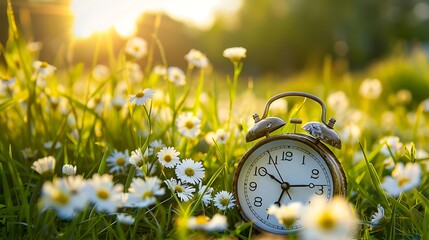 Spring forward. Time change in spring. Daylight saving time. Alarm clock. Generative Ai