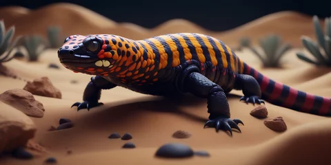 Poster gila monster slowly crawling across the desert floor - isolated on dark background - colorful pattern and unique textures in nature, © EA Studio
